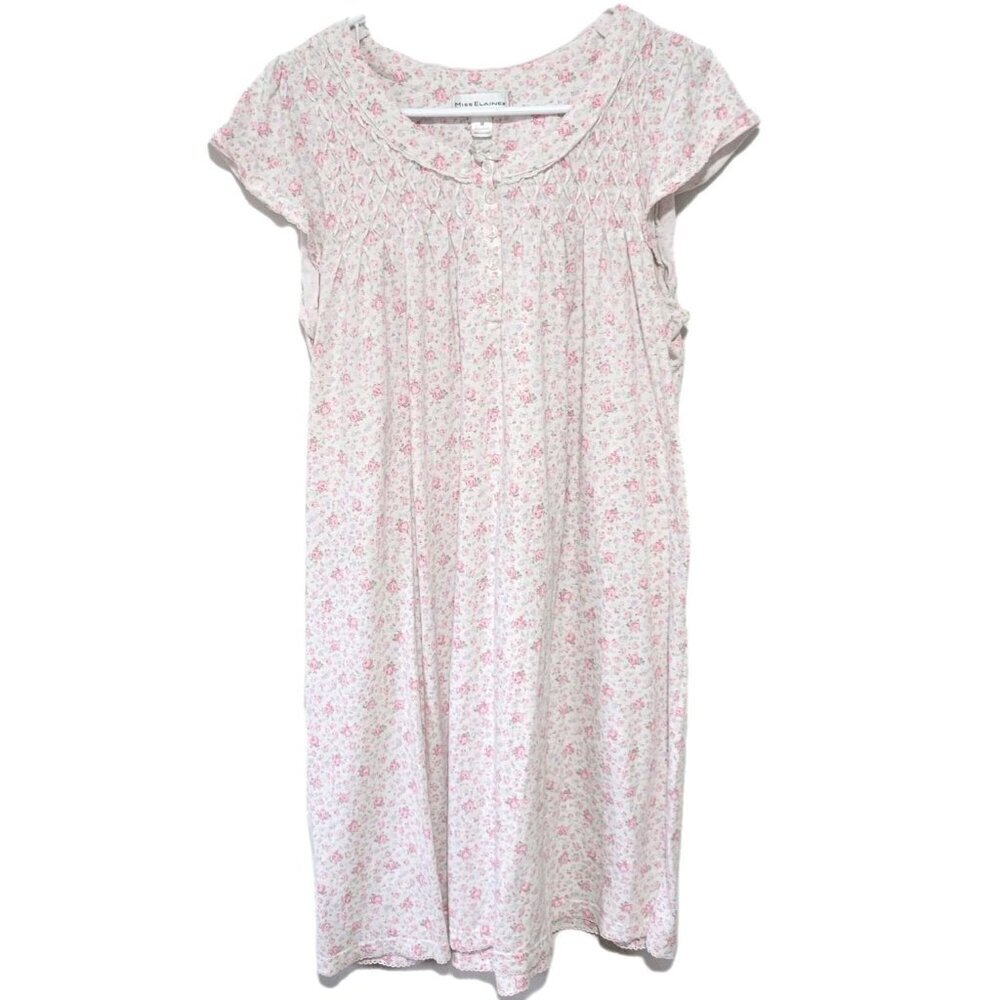 Vintage Miss Elaine Nightgown Medium Women's Pink Floral Short Sleeve Smocking
